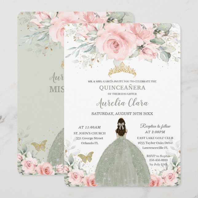 Rosa Blumenprinzessin Sage Green Quinceañera Einladung (Vorne/Hinten)