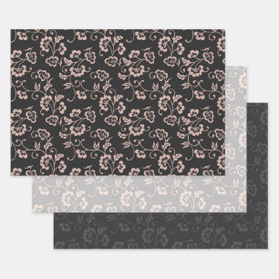 Rosa Blumenrankenmuster auf Braun, Grau und Weiß Geschenkpapier Set