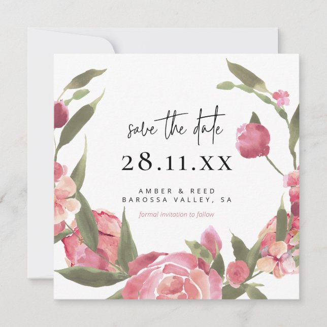 Rosa Blumenreath Botanischer Platz Save the Date (Vorderseite)