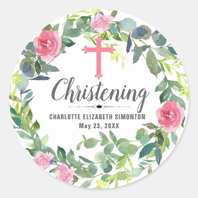 Rosa Blumenreath Kreuz Personalisiertes Christiere Runder Aufkleber (Vorderseite)