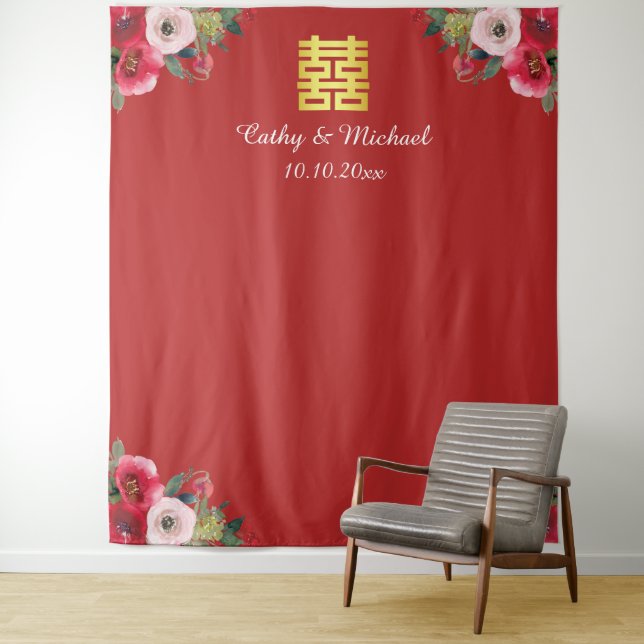 Rosa blumenreiche chinesische Hochzeitskulisse Fot Wandteppich (Beispiel)