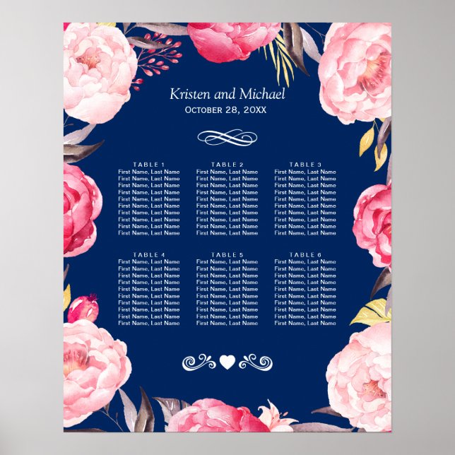 Rosa Blumenreste 6 Tische Hochzeitstabelle Poster (Vorne)