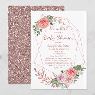 Rosa BlumenRosen-Goldmädchen-Baby-Dusche Einladung