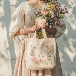 Rosa Blumenrosen-Monogramm Tragetasche