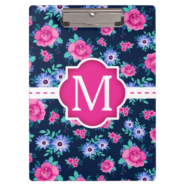 Rosa BlumenRosen-Muster-Gewohnheits-Monogramm Klemmbrett (Vorderseite)