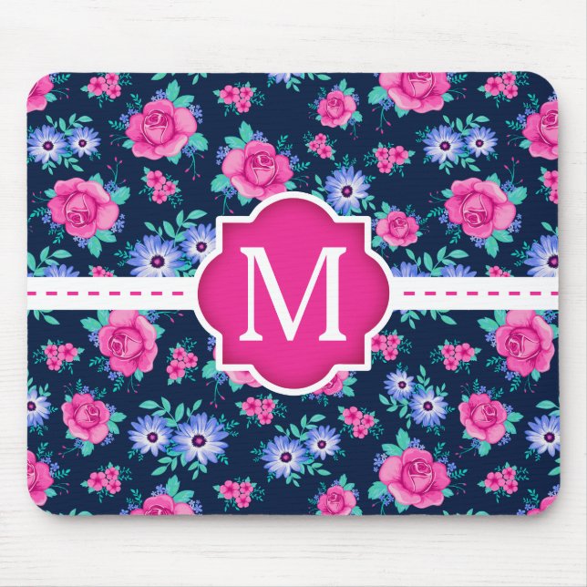 Rosa BlumenRosen-Muster-Gewohnheits-Monogramm Mousepad (Vorne)