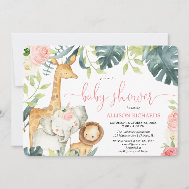 Rosa Blumensafari-Dschungeltiere Baby Dusche Einladung (Vorderseite)