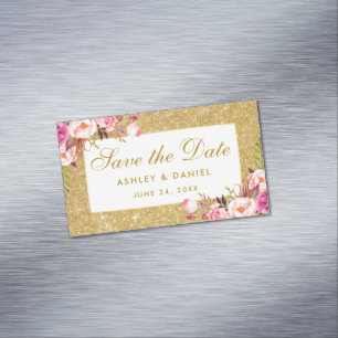 Rosa BlumenSave the Date GoldGlitzer-Minimagnet Magnetische Visitenkarte