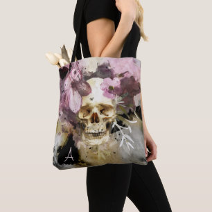 Rosa Blumenschädel Abstrakte Art mit Monogramm Tasche