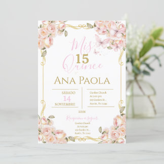 Rosa Blumenschmetterlinge Quinceañera Einladung