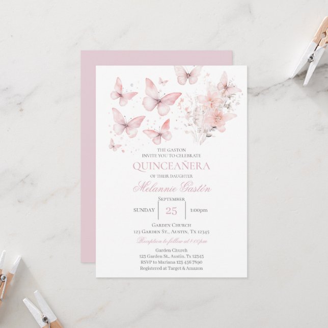Rosa Blumenschmetterlinge Quinceañera Einladung (Vorderseite/Rückseite Beispiel)