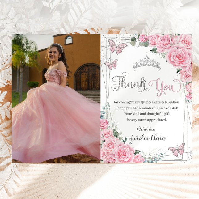 Rosa Blumenschmetterlinge Süß 16 Quinceañera Foto Dankeskarte (Von Creator hochgeladen)