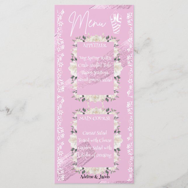 Rosa Blumenschrift Hochzeitskarte Menükarte (Vorderseite)