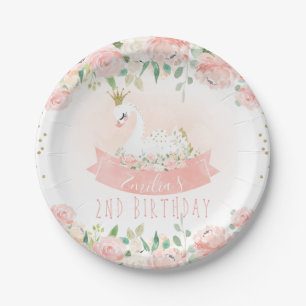 Rosa Blumenschwan Prinzessin Birthday Paper Plate Pappteller