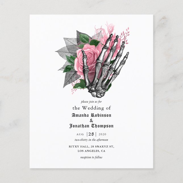 Rosa Blumenskelett Gotische Hochzeitseinladung Flyer (Vorne)