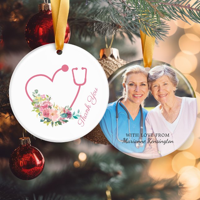 Rosa Blumenstethoskop Herzkrankheit Dankeschön Fot Keramik Ornament (Pink Floral Stethoscope Heart Nurse Thank You Photo Ceramic Ornament)