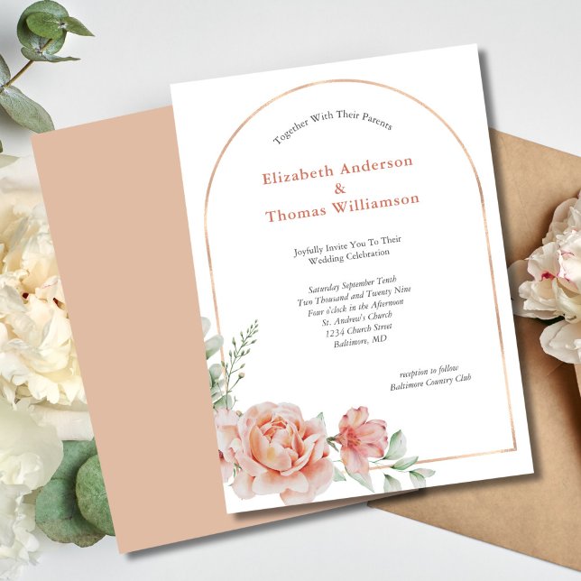 Rosa Blumenstrauß an der Grenze Elegante Hochzeit Einladung (Peach Floral Elegant Modern Arch Wedding invitation)