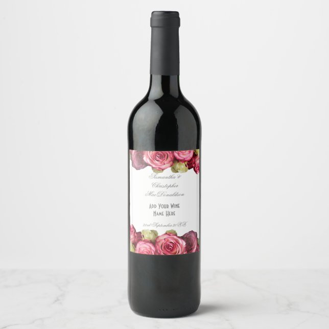 Rosa Blumenstrauß Hochzeit Weinetikett (Vorderseite)