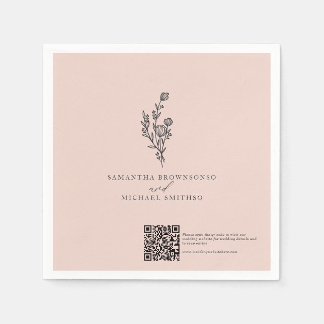 Rosa Blumenstrauß Qr Code Hochzeitstag Serviette (Vorderseite)