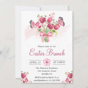 Rosa Blumenstrauß und Schmetterlinge Osterbrunch Einladung