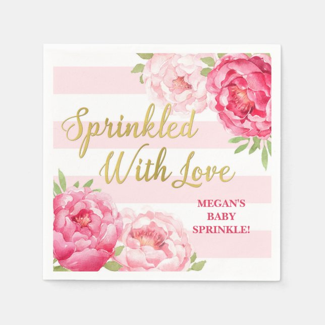 Rosa Blumenstreifen Gold Sprinkler mit Liebe Serviette (Vorderseite)