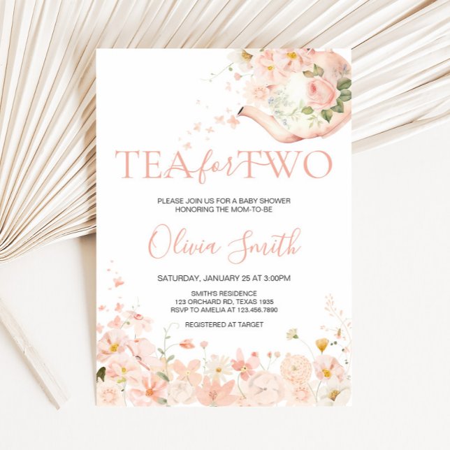Rosa Blumentee für zwei Babyduschen Einladung (Floral Tea for Two Twin Baby Shower Invitation)