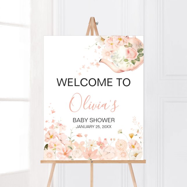 Rosa Blumentee für zwei Babyduschen Empfang Poster (Pink Floral Tea for Two Baby Shower Welcome Sign)