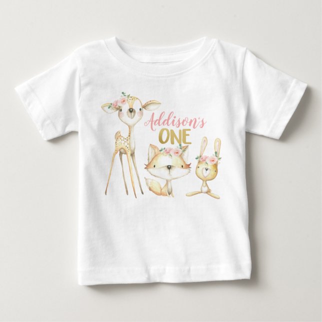 Rosa Blumenwald Erster Geburtstag T - Shirt (Vorderseite)