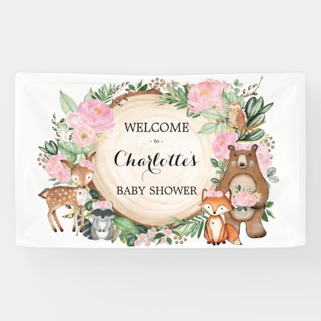 Rosa Blumenwaldlandtiere Kinderdusche Banner (Horizontal)