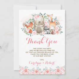 Rosa Blumenwaldtier-Babyparty-Geburtstag Dankeskarte