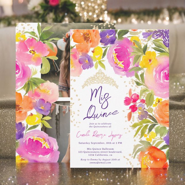 Rosa Blumenwasser-Fotos Quinceanera Einladung (Pink summer floral watercolor photos Quinceanera Invitation)