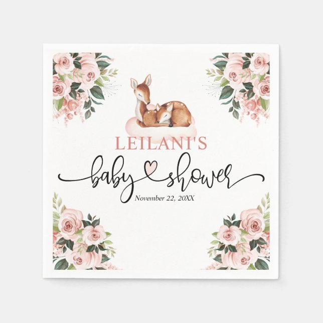 Rosa Blumenwasserfarbe Hirschdusche Serviette (Vorderseite)