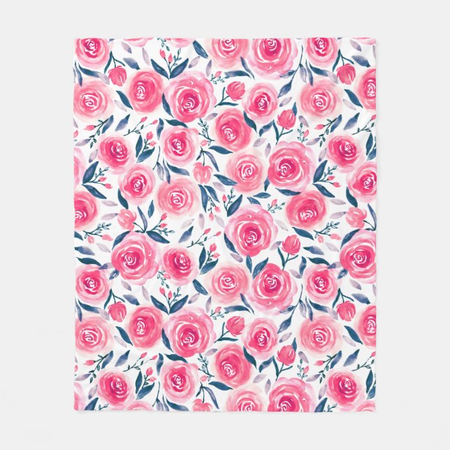 Rosa Blumenwatercolor-Rosen-Muster Fleecedecke (Vorderseite)
