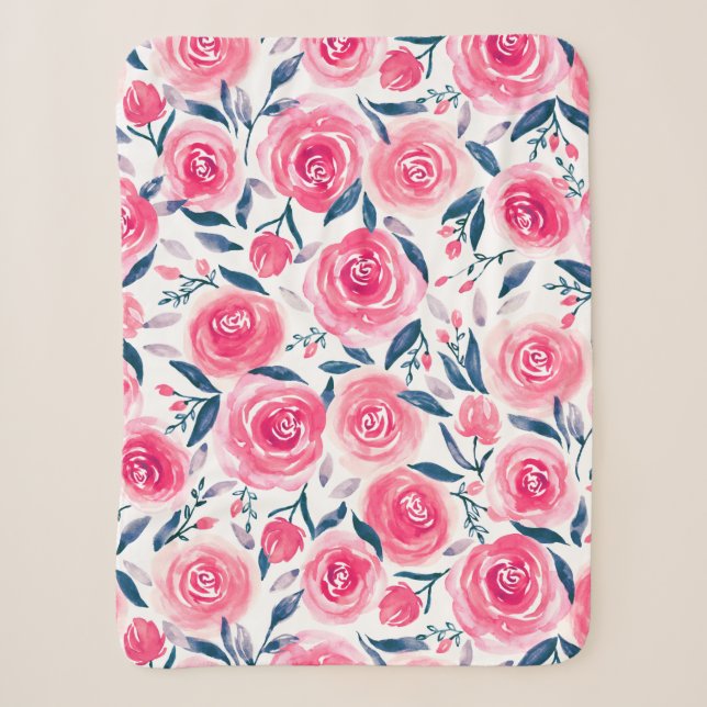 Rosa Blumenwatercolor-Rosen-Muster Sherpadecke (Vorderseite)