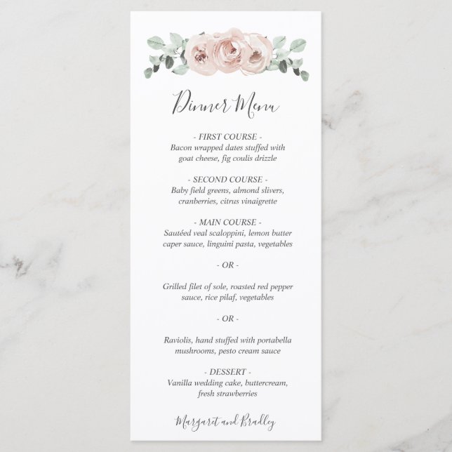 Rosa Blumenweide Grüne Dusty Rose Hochzeit Menükarte (Vorderseite)