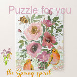 Rosa Blumenweiß Puzzle mit Vögeln<br><div class="desc">Finden Sie dieses niedliche Puzzle mit rosa Rosen und Blume auf einem weißen Hintergrund. Dieses Blumenpuzzle mit wunderschön gearbeiteten rosa Blume und Monogramm, niedlichen Gelbvögeln und einer Hummel wird Ihr Kleines bilden, während es die Stücke zusammenfügt. Es wäre ein großartiges Geschenk für Ihr kleines Mädchen, Ihre Nichte oder jeden anderen,...</div>