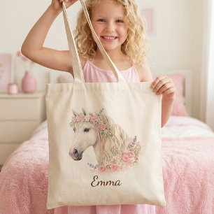 Rosa Blumenweißes Pferd Namensgeschenk für Mädchen Tragetasche