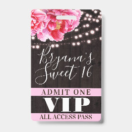 Rosa Blumenweizenleuchten Sweet 16 VIP Pass Ausweis