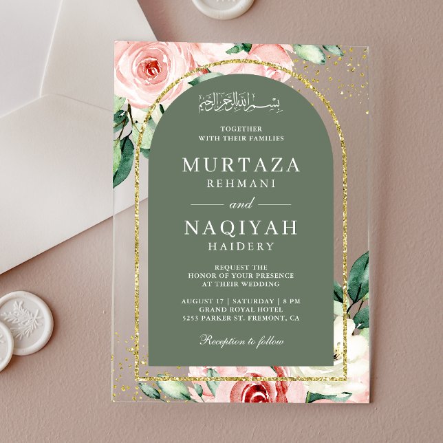 Rosa Blumenzage Grüne Arche muslimische Hochzeit Acryleinladungen (Von Creator hochgeladen)