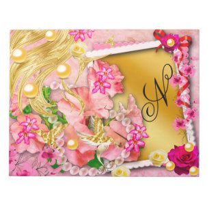 Rosa Blumenzange Fairy Gold Bird Mit Monogramm Notizblock
