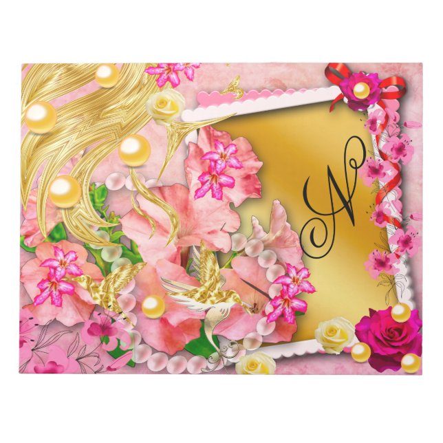 Rosa Blumenzange Fairy Gold Bird Mit Monogramm Notizblock (Vorderseite)