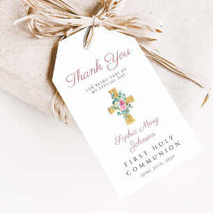 Rosa Blumenzwiebeln kreuzen Erste Kommune Geschenkanhänger