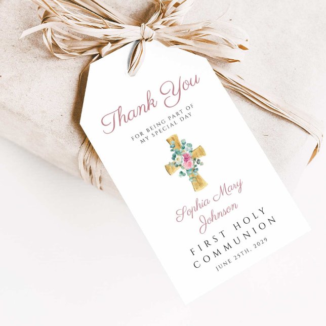 Rosa Blumenzwiebeln kreuzen Erste Kommune Geschenkanhänger (Pink Floral Peonies Cross First Communion Gift Tags)