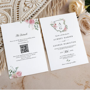 Rosa Blumige Monogramm-Wappen-QR-Code-Hochzeit Einladung