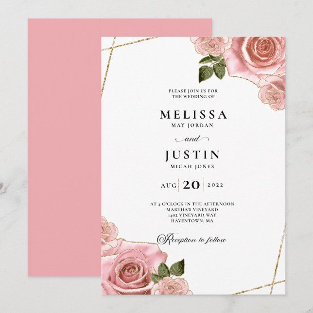 Rosa Blush and Gold Rose Glitzer Wedding Einladung (Vorne/Hinten)