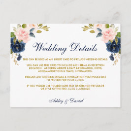 Rosa Blush Bloral Blue Gold Hochzeitskarte Postkarte