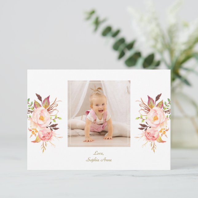 Rosa Blush Bloral Gold Girl Foto Taufe Dankeskarte (Stehend Vorderseite)