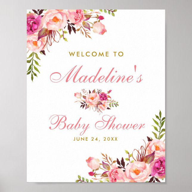Rosa Blush Bloral und Gold Baby Dusche Willkommen Poster (Vorne)