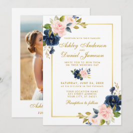 Rosa Blush Blue Floral Gold Foto Hochzeit Einladung