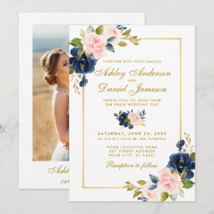 Rosa Blush Blue Floral Gold Foto Hochzeit Einladung